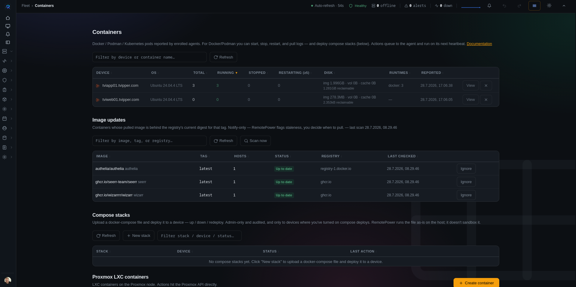 Containers page